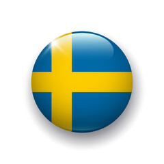 Realistic glossy button with flag of Sweden. 3d vector element with shadow underneath. Best for mobile apps, UI and web design.