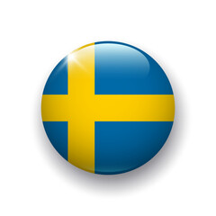 Obraz premium Realistic glossy button with flag of Sweden. 3d vector element with shadow underneath. Best for mobile apps, UI and web design.