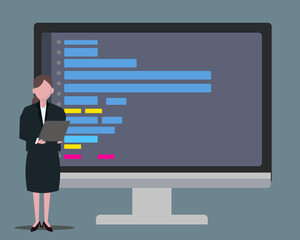 ホームページ制作をするスーツの女性。パソコンのコーディングの画面とビジネスマン。ベクターイラスト