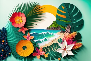 Tropical island paper cutout collage - origami flowers and palm leaf arrangement on beach surrounded by ocean waves.