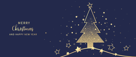 Luxury christmas and happy new year concept background vector. Elegant glittering gold christmas tree decorated with stars on dark blue bokeh background. Design for wallpaper, card, cover, poster.
