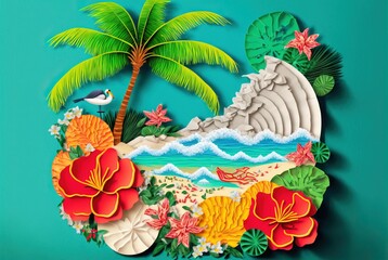 Tropical island paper cutout collage - origami flowers and palm leaf arrangement on beach surrounded by ocean waves. - obrazy, fototapety, plakaty