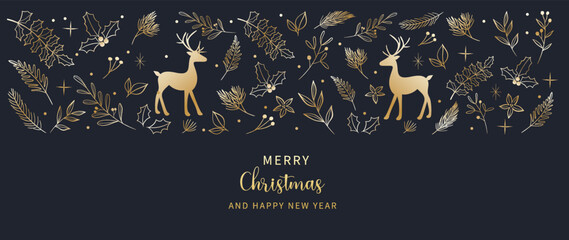 Luxury christmas and happy new year concept background vector. Elegant gradient gold reindeer, pine leaves, sparkle, holly, mistletoe on dark background. Design for wallpaper, card, cover, poster. © TWINS DESIGN STUDIO