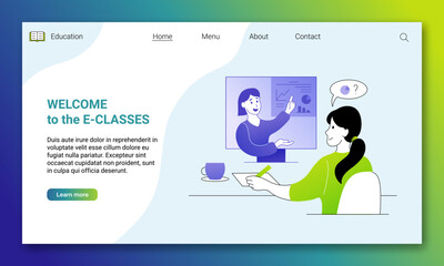 Obraz na płótnie Canvas Welcome to the e-classes landing page, website template. Online education, homeschooling, distant training web banner with student learning at distance webinar cartoon thin line vector illustration