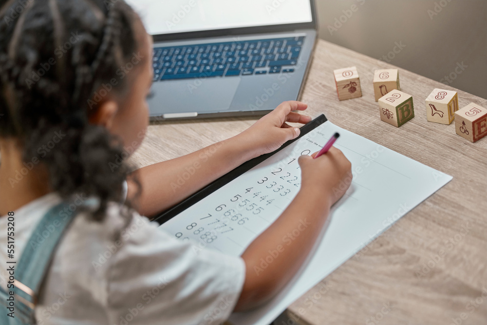 Poster girl learning, writing and paper for maths, study and cognitive development in home school with lapt