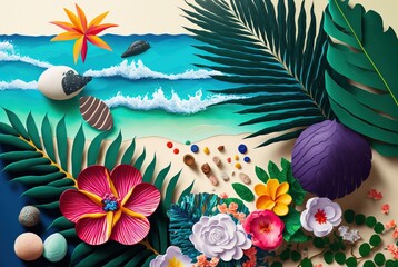 Fototapeta na wymiar Tropical island paper cutout collage - origami flowers and palm leaf arrangement on beach surrounded by ocean waves.
