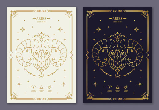 Aries zodiac horoscope golden signs dark navy and white cards set. Ram stylized symbols of esoteric, zodiacal astrological calendar, horoscope constellation, cover design thin line vector illustration