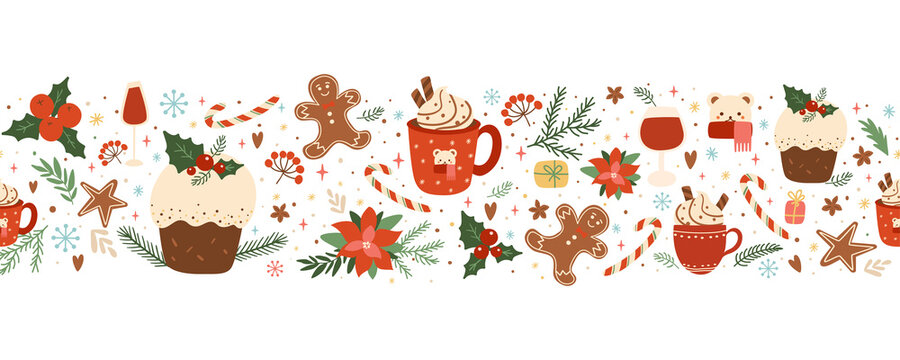 Christmas cake, pudding, food, coffee, gingerbread seamless border with winter holiday floral decorative elements. Baked Christmas dessert, hot winter drink. Horizontal repeat food illustration