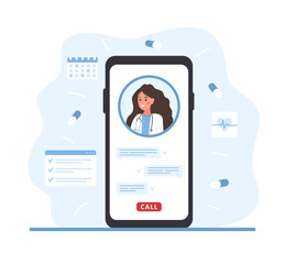 Online doctor. Woman therapist on smartphone with video call. Virtual medical consultation and support. Telemedicine concept. Healthcare service. Vector illustration in flat cartoon style.