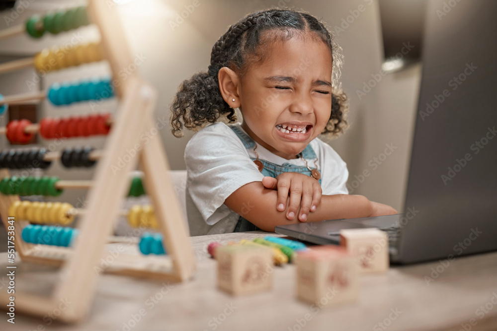 Poster girl, sad and crying with laptop and abacus, math and homework with elearning, online and education 