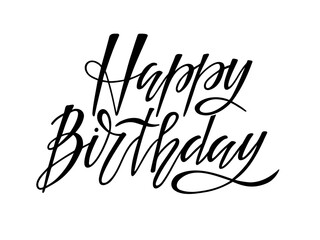 Obraz premium Happy Birthday text isolated on white. Handwritten calligraphy lettering. Typography poster for birthday party, card, t-shirt design, menu, sign, banner, poster. Congratulatory brush Lettering phrase