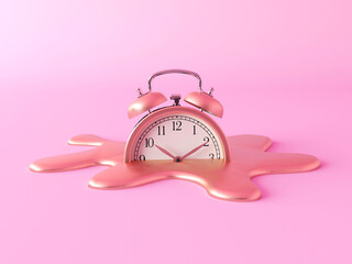 Creative concept of time loss, deadline, depression, creative idea of lateness. An alarm clock spreading into a puddle of gold metal. 3d illustration.  - obrazy, fototapety, plakaty