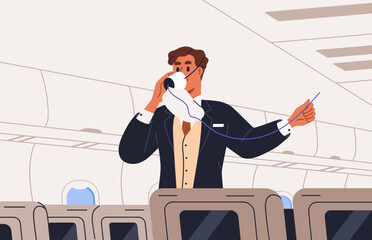 Flight attendant wears oxygen mask in air plane during safety instruction, demonstration for passengers. Steward instructing, demonstrating security rule in case of emergency. Flat vector illustration