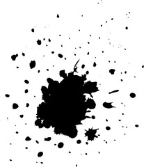 Spots. Splatter drops of liquid paint and ink splatter. Dirty grunge. Drop splash. Dirty ink stain.