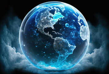 Earth is blue in the galaxy and cosmos. globe with white clouds and an ozone glow.. Generative AI