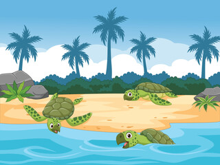 Cartoon sea turtles on the beach