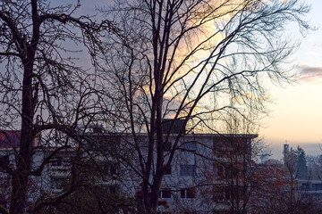 Fototapeta premium Beautiful colorful morning sky with cityscape of City of Zürich on a blue cloudy autumn day. Photo taken December 6th, 2022, Zurich, Switzerland.