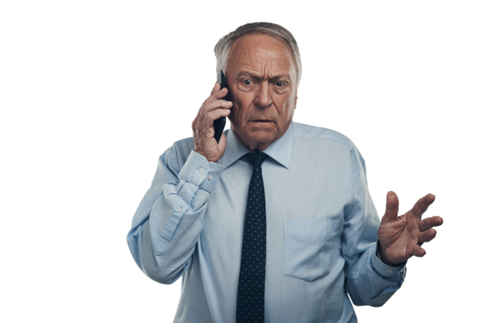 PNg shot of a senior businessman standing against a grey background in the studio and looking confused while using his cellphone - Powered by Adobe