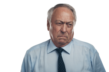 PNG shot of a senior businessman standing alone against a grey background in the studio and looking annoyed