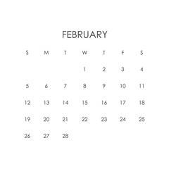 February 2023 calendar template. Layout for February 2023. Printable monthly planner. Desk calendar design. Start of the week on Sunday