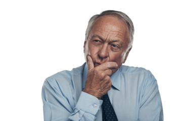PNG shot of a senior businessman standing alone against a grey background in the studio and looking contemplative