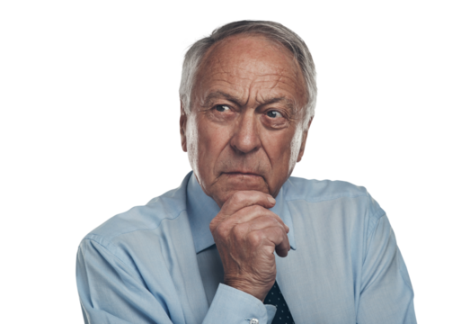 PNG shot of a senior businessman standing alone against a grey background in the studio and looking contemplative