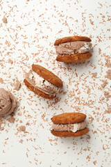 Concept of sweet food, cookies with ice cream, top view
