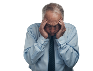 PNG shot of a senior businessman standing alone against a grey background in the studio with his head in his hands