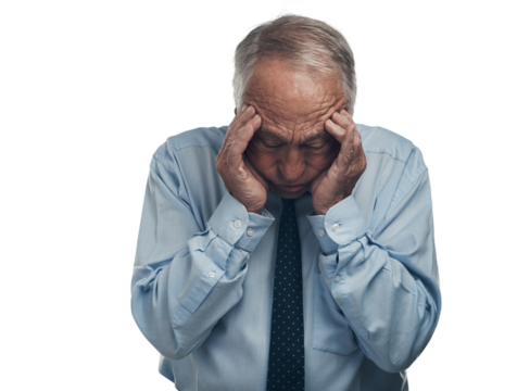 PNG shot of a senior businessman standing alone against a grey background in the studio with his head in his hands
