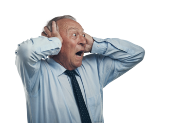 PNG shot of a senior businessman standing against a grey studio background with his head in his hands and looking shocked