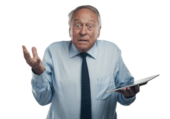 PNG shot of a senior businessman standing alone against a grey studio background and looking confused while holding a digital tablet