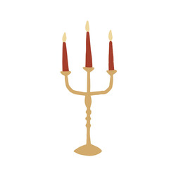 Hand drawn cute isolated clip art illustration of antique candle holder with red candles