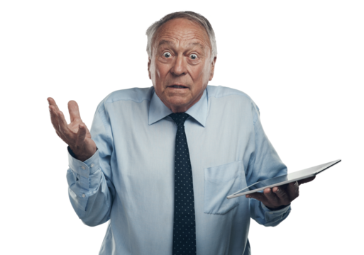 PNG shot of a senior businessman standing alone against a grey studio background and looking confused while holding a digital tablet - Powered by Adobe