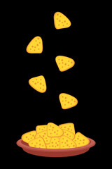 Mexican nachos tortilla chips fall into the plate. Perfect for tee, poster, menu and print. Vector illustration for decor and design.