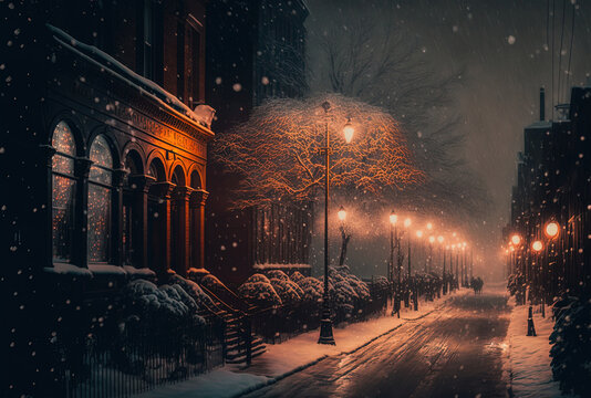 hazy image of a street on a snowy night with holiday lights. Generative AI