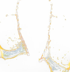 Orange, lemon juice or oil lubricant splash, liquid gold yellow drink drops. Fruit beverage water elements in line form . Fresh splashing and flowing jets, black background isolated freeze motion