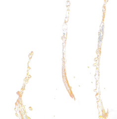 Fototapeta premium Orange, lemon juice or oil lubricant splash, liquid gold yellow drink drops. Fruit beverage water elements in line form . Fresh splashing and flowing jets, black background isolated freeze motion