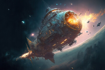 Huge spaceship in cosmos, fantasy sci fi epic ufo