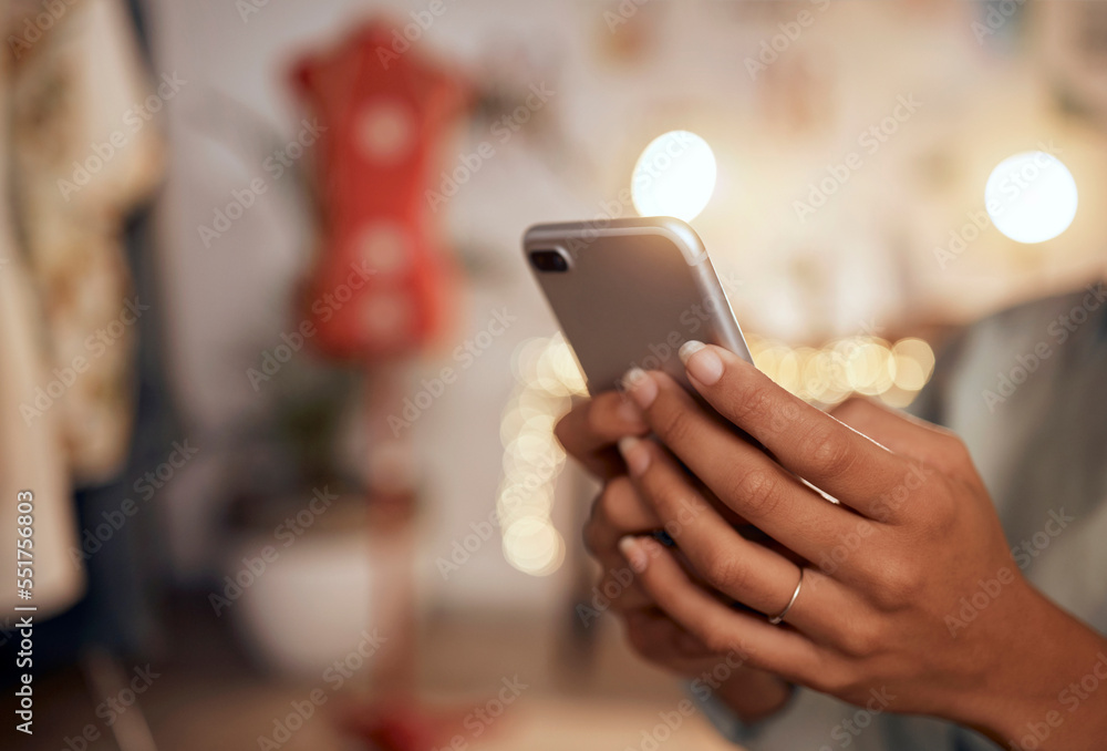 Poster hand, phone and woman using wifi to browse the internet for online shopping or e-commerce closeup. z
