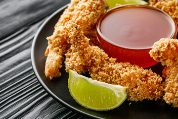 delicious crispy panko shrimp on a black wooden rustic background