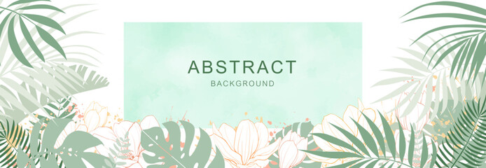 Abstract art nature background vector. Modern shape line art wallpaper. Boho foliage botanical tropical leaves, wall art, social media post and story background.