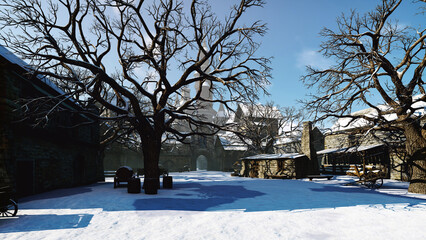 Courtyard of a medieval castle in winter