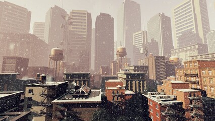Modern city in winter snowfall