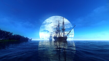 An old ship at sea against the backdrop of a big moon