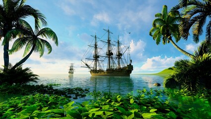 Naklejka premium Paradise island and ancient ships in its bay