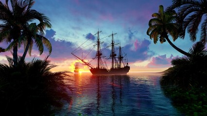 Vintage ship in the rays of the orange sun © MICHAEL KUK