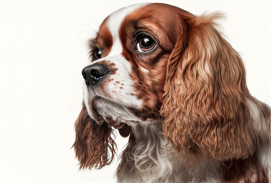 large eared cavalier dog portrait isolated on white. Generative AI