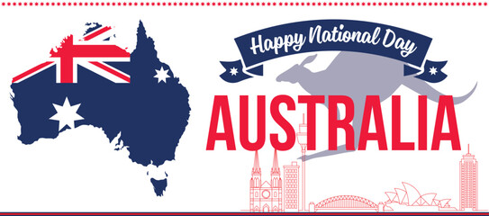 Australia day banner design for 26th of January. Abstract geometric banner for the national day of Australia in shapes of red and blue colors. Australian flag theme with Sydney landmark background.