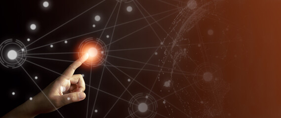 businessman finger touching Global network connection. Big data analytics and business intelligence concept. World map point and line composition concept of global business. Digital link tech