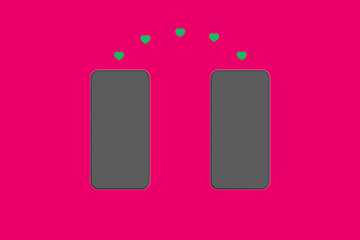 Sharing likes between friends. Two smartphones on a red background. Hearts are transferred from one gadget to another. Communication in social networks. Horizontal image. 3d image. 3d rendering